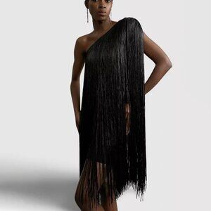 Asymmetric Draped Fringe Mini Dress